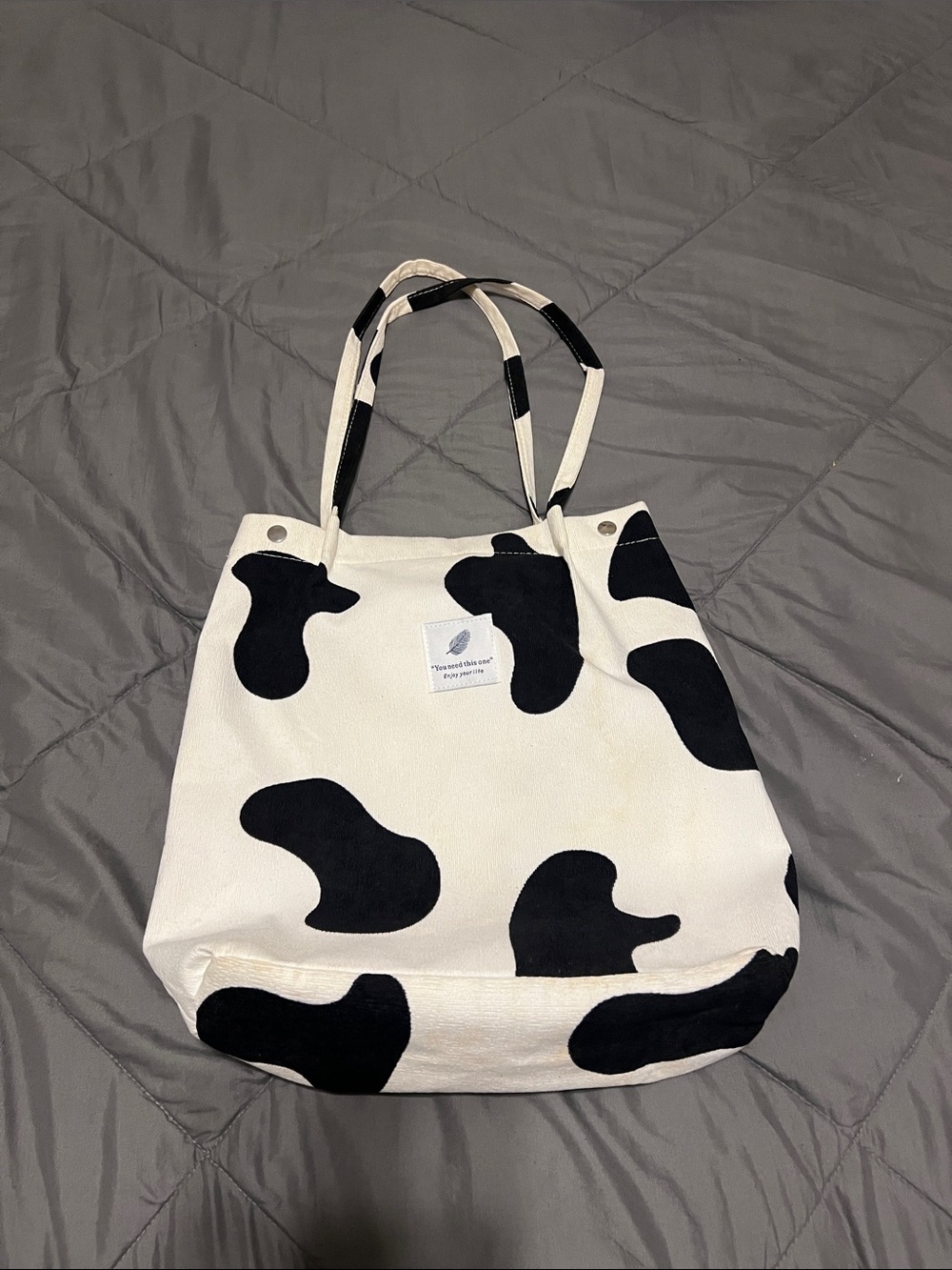 Canvas Cow Print Tote Bag in Black and White